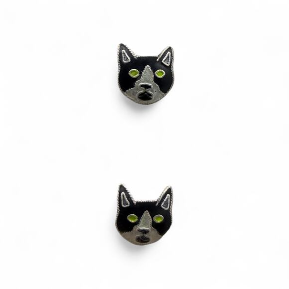 Bamboo Jewelry - Tuxedo Cat Face Stud Earrings 925 Sterling Silver Cloisonne Enamel Kitten